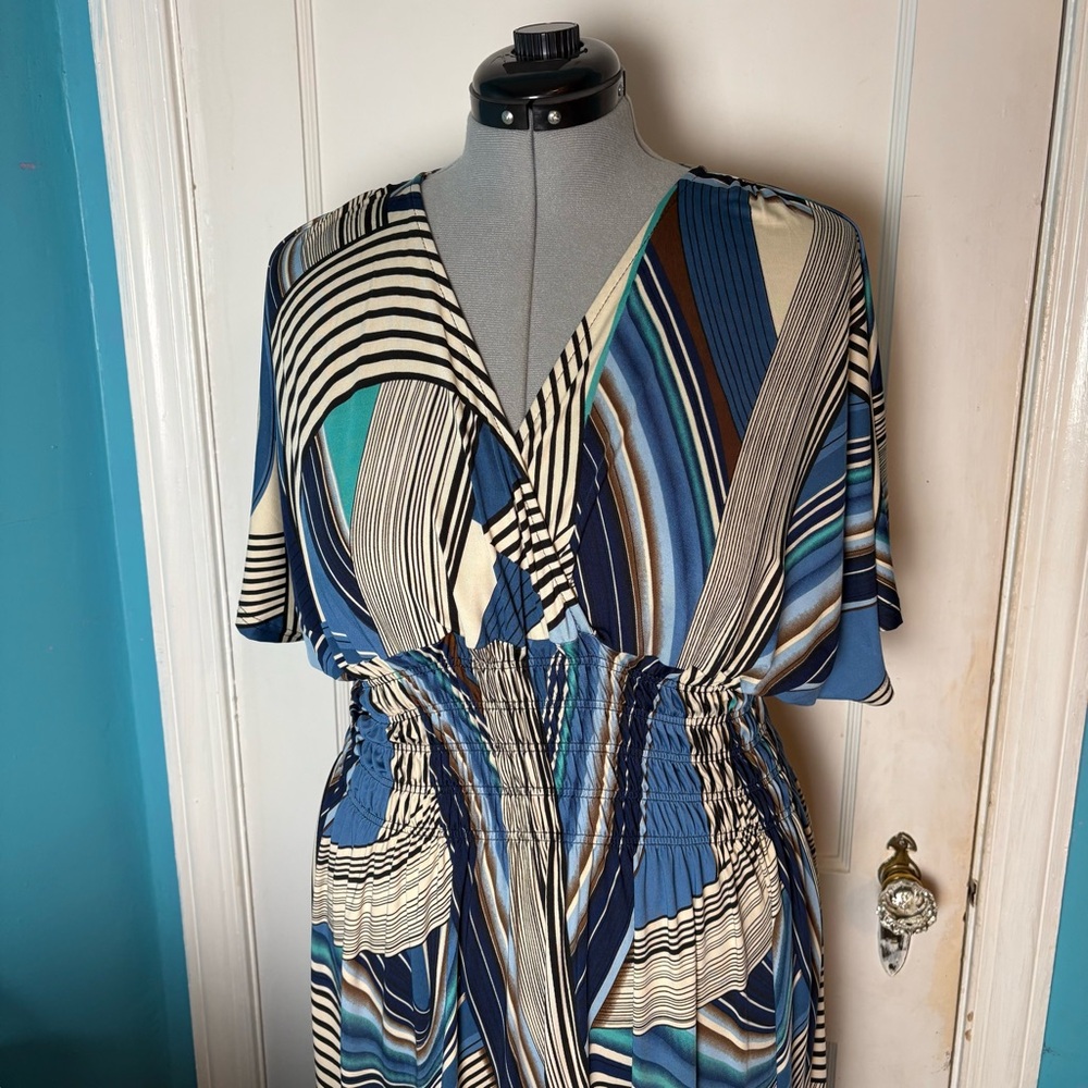 OSTOO XL multi colored blue & white stripe pattern maxi dress